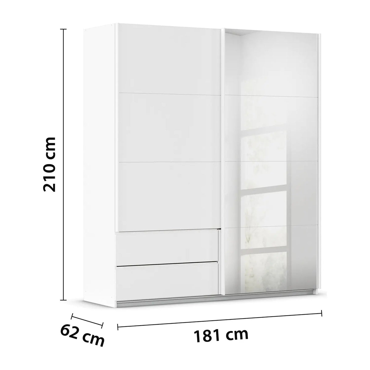 Rauch Elara Modern White Sliding Door Wardrobe With Exterior Drawers, Mirror and Matching White Handle Bars with dimensions indicated on a white background