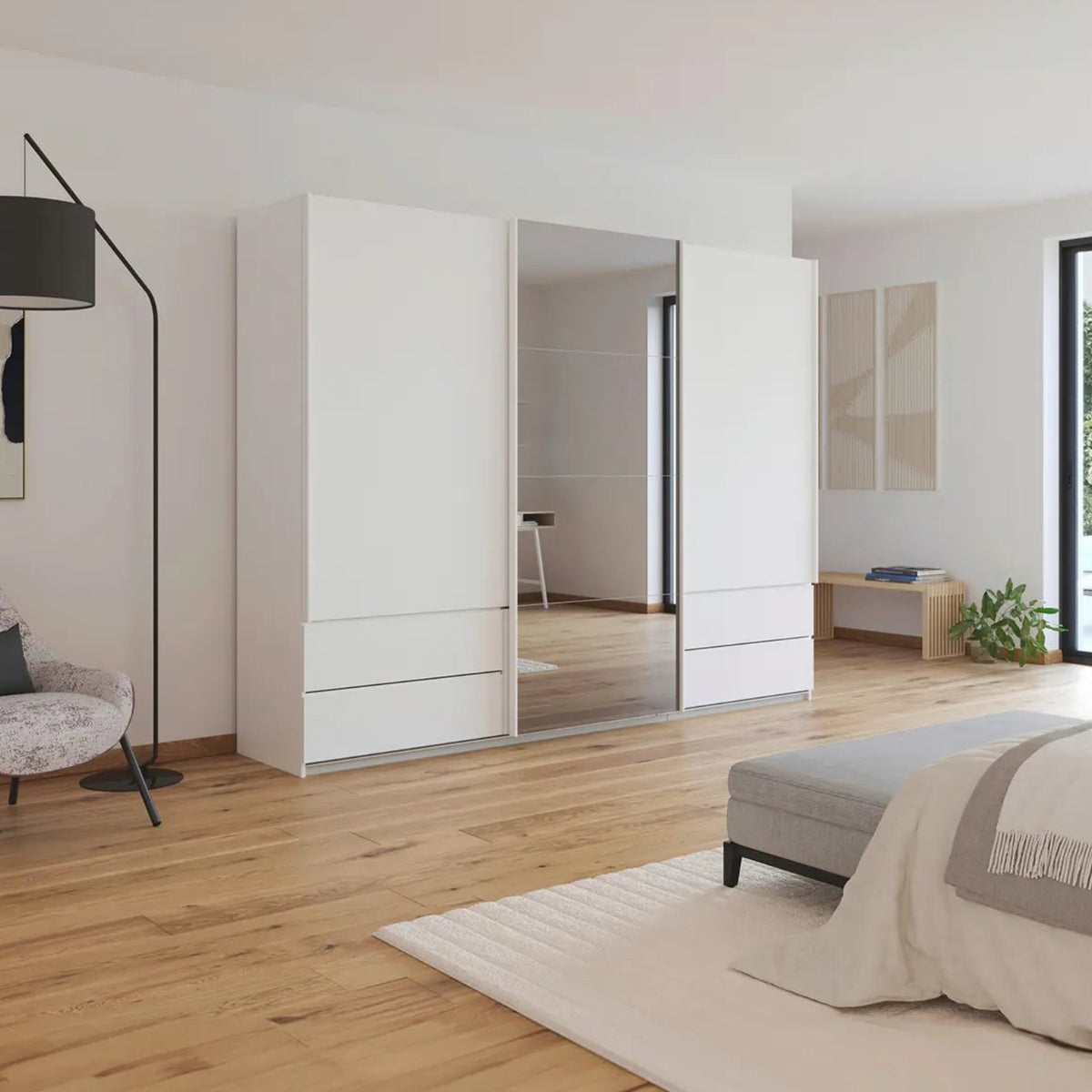 Rauch Orange Elara Alpine White 271cm Sliding 3 Door Wardrobe with Drawers & Grey Mirror on the Mirror Door