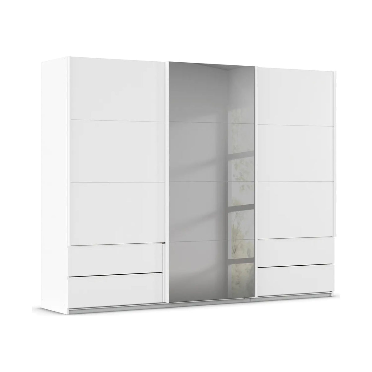Rauch Orange Elara White 271cm Sliding three Door Wardrobe with Drawers under side doors & Grey Mirror on the Middle Door