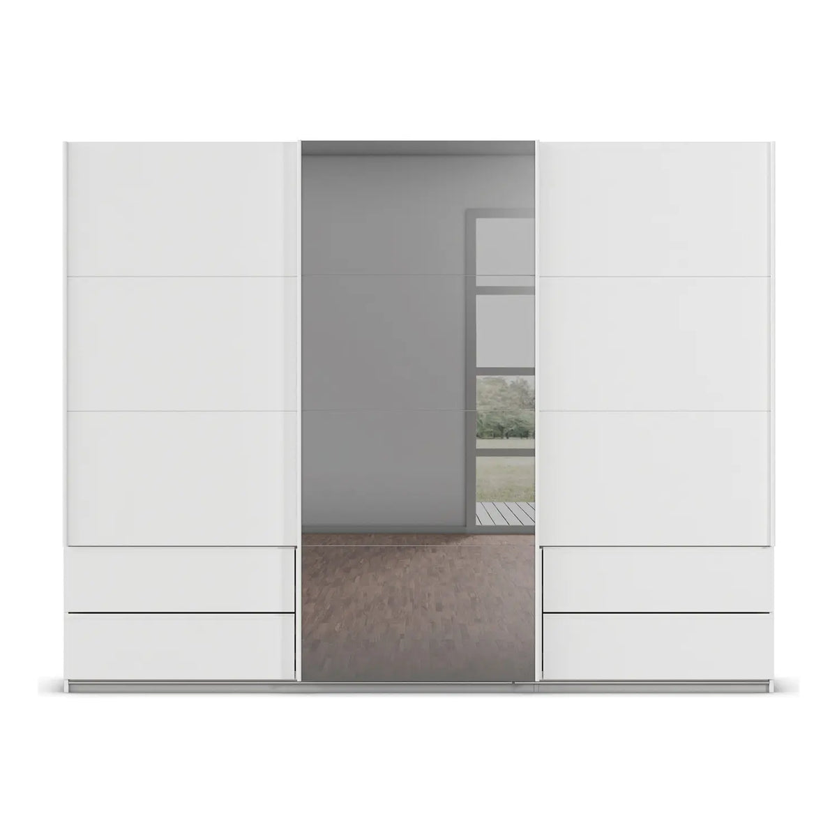 Rauch Orange Elara White three door Sliding Wardrobe with Drawers & Grey Mirror on the Middle Door