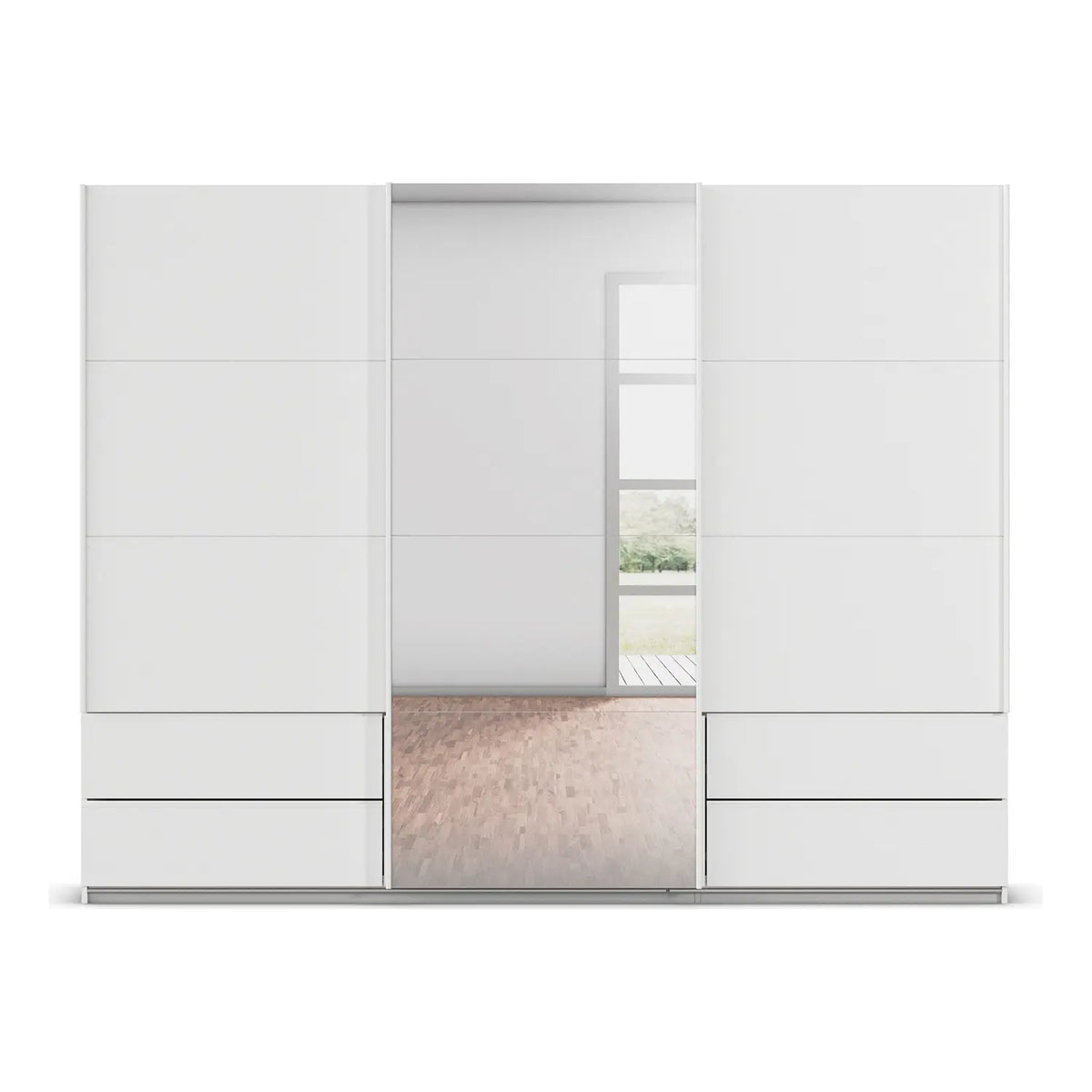 Rauch Elara two Door White Sliding Door Wardrobe with Drawers and Middle Mirror Door and Matching Handles