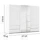 Modern Rauch Elara White three door Sliding Wardrobe With Exterior Drawers, Middle Mirror Door and Matching White Handle Bars with dimensions on a white background