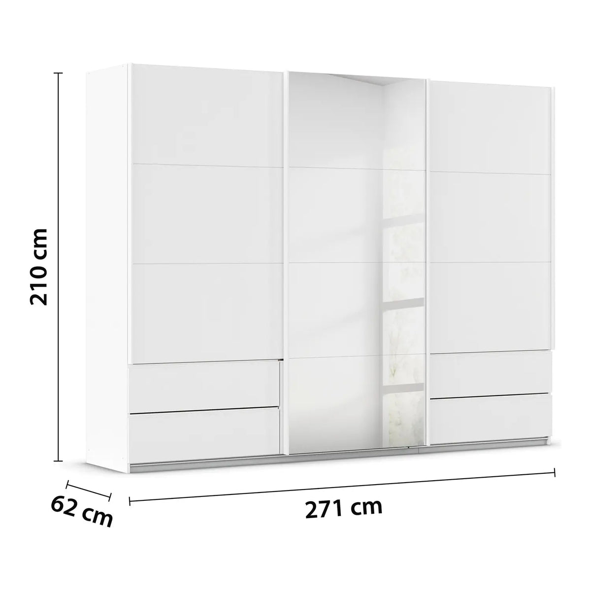 Modern Rauch Elara White three door Sliding Wardrobe With Exterior Drawers, Middle Mirror Door and Matching White Handle Bars with dimensions on a white background