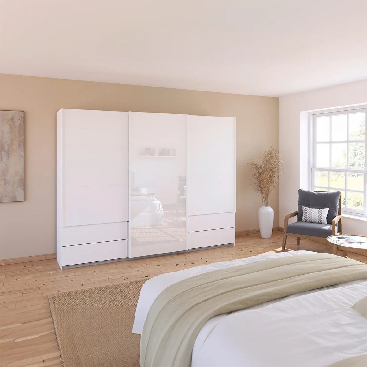 Elon 181cm White 3 Door Sliding Wardrobe with Drawers - Styled in a Bedroom
