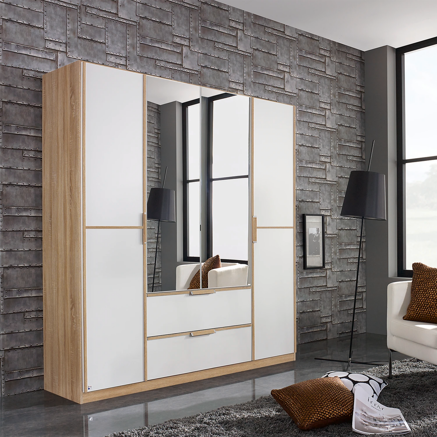 Discover the Rauch Essensa 4 Door Wardrobe with 2 mirrored doors, 2 drawers, White or White Glass fronts and free UK delivery.