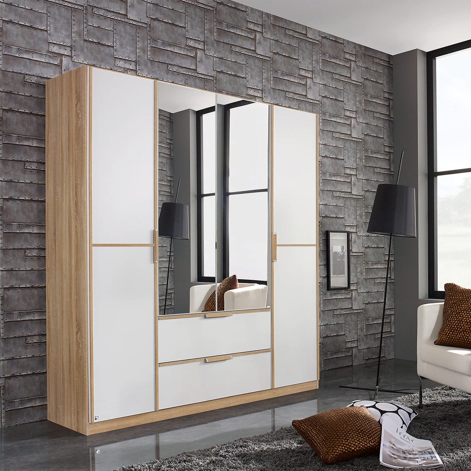 Discover the Rauch Essensa 4 Door Wardrobe with 2 mirrored doors, 2 drawers, White or White Glass fronts and free UK delivery.