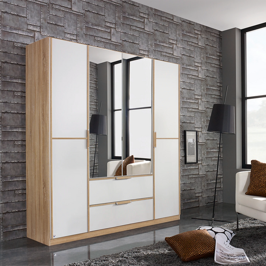 Discover the Rauch Essensa 4 Door Wardrobe with 2 mirrored doors, 2 drawers, White or White Glass fronts and free UK delivery.