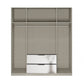A modern open wardrobe or closet organizer with a light gray fabric-textured finish, featuring two mirrored drawers at the bottom with silver handles, set against a plain white background.