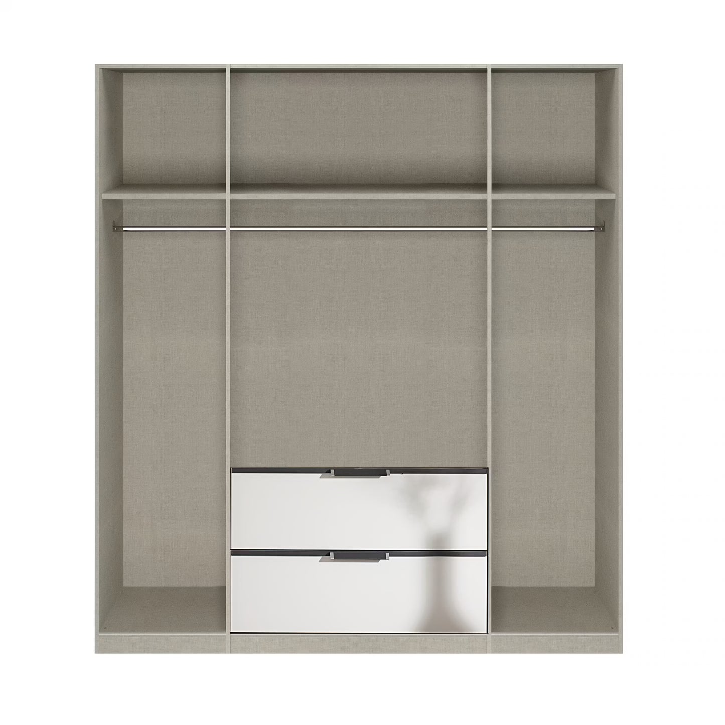 A modern open wardrobe or closet organizer with a light gray fabric-textured finish, featuring two mirrored drawers at the bottom with silver handles, set against a plain white background.
