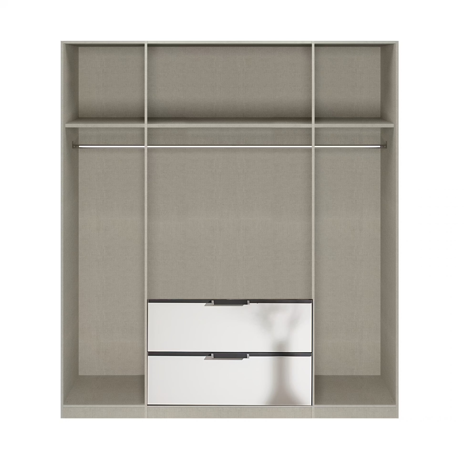 A modern open wardrobe or closet organizer with a light gray fabric-textured finish, featuring two mirrored drawers at the bottom with silver handles, set against a plain white background.