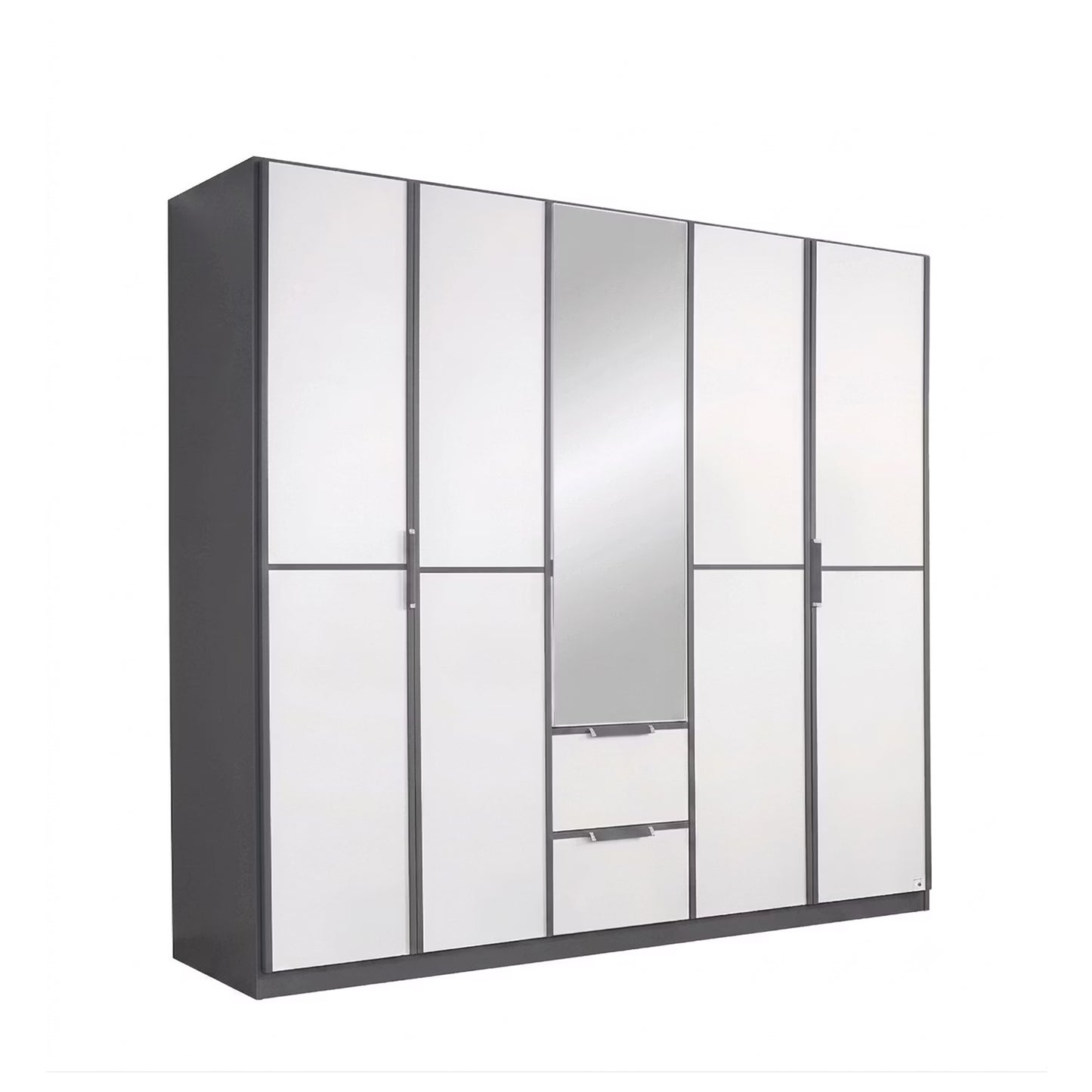 A modern Rauch Essensa five-door wardrobe with a dark gray frame and white doors, featuring a central mirror and two drawers at the bottom center, shown on a plain white background.