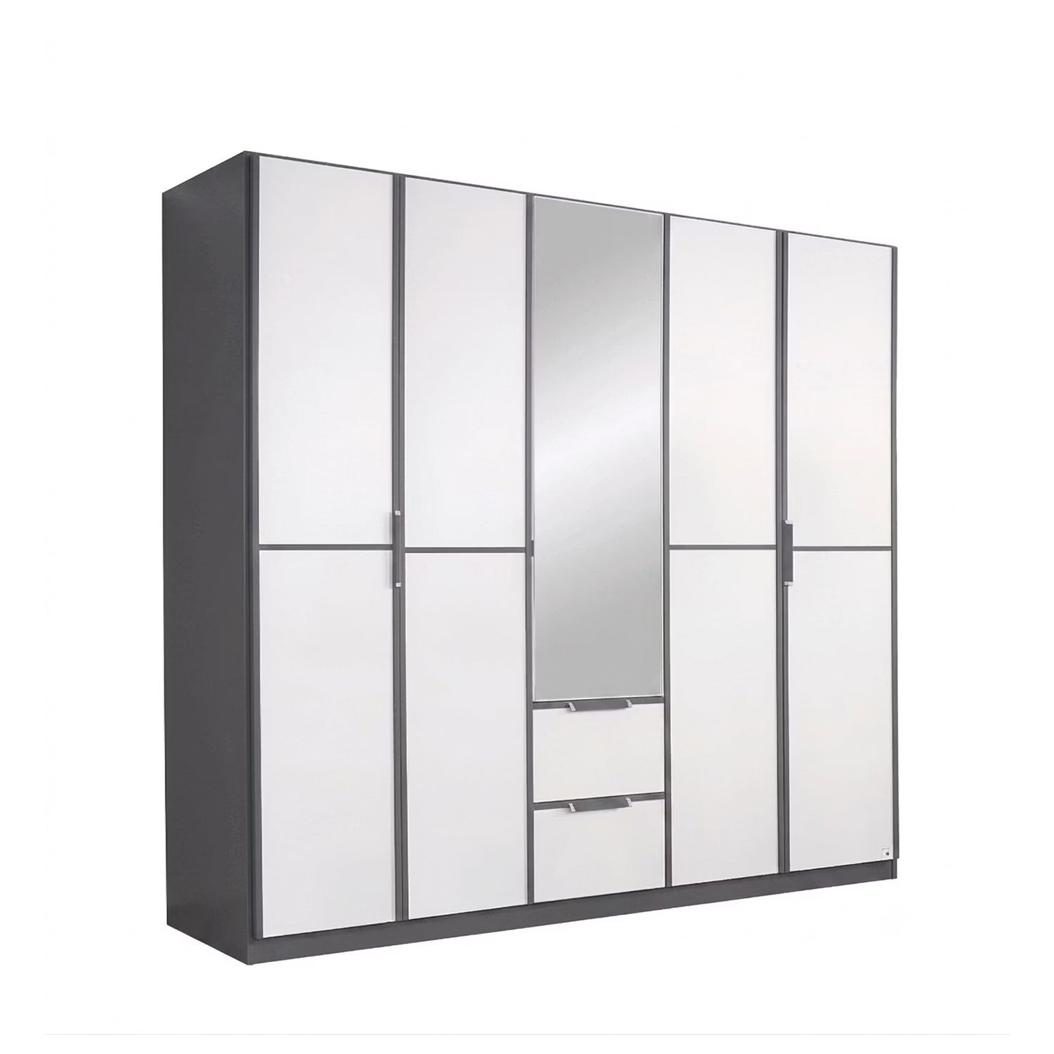 A modern Rauch Essensa five-door wardrobe with a dark gray frame and white doors, featuring a central mirror and two drawers at the bottom center, shown on a plain white background.