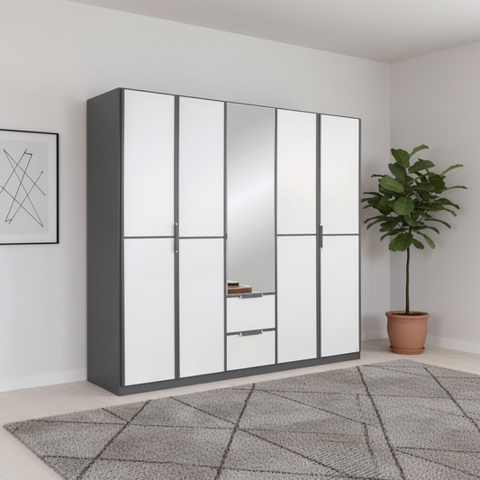 A modern 5-door Rauch Essensa wardrobe with white doors and a dark gray frame, featuring two mirror-front doors and a central drawer section, shown in a styled room with a potted plant and rug.