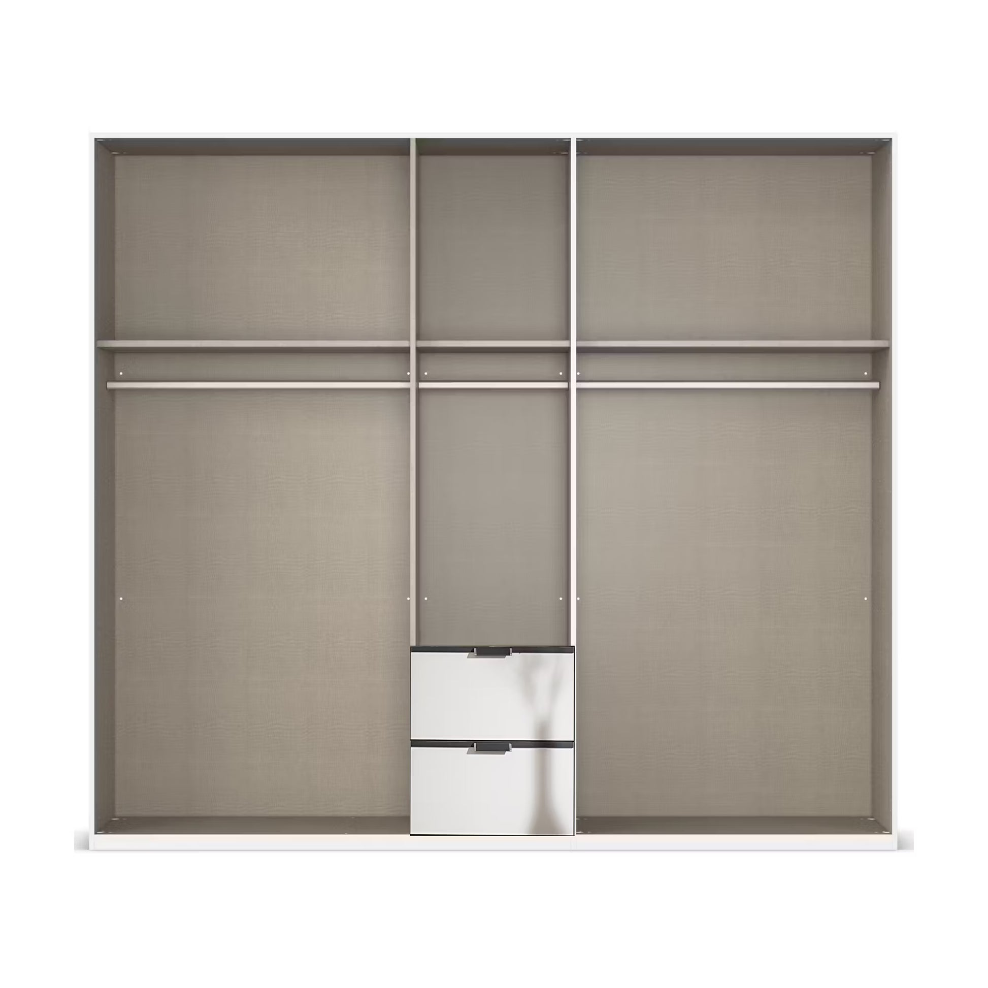A modern wardrobe or closet organizer with three sliding doors in a warm taupe-beige fabric, featuring two silver metal pull-out drawers at the bottom center and horizontal hanging bars inside.
