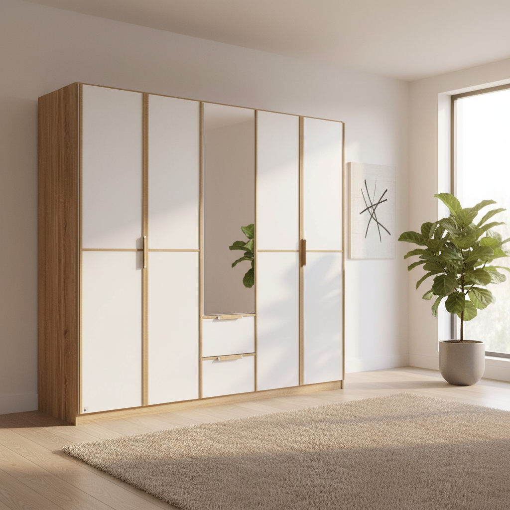 A modern Rauch Essensa 5-door wardrobe with white doors, light oak wood side panels and trim, and a central mirror, shown in a bright, minimalist bedroom setting.