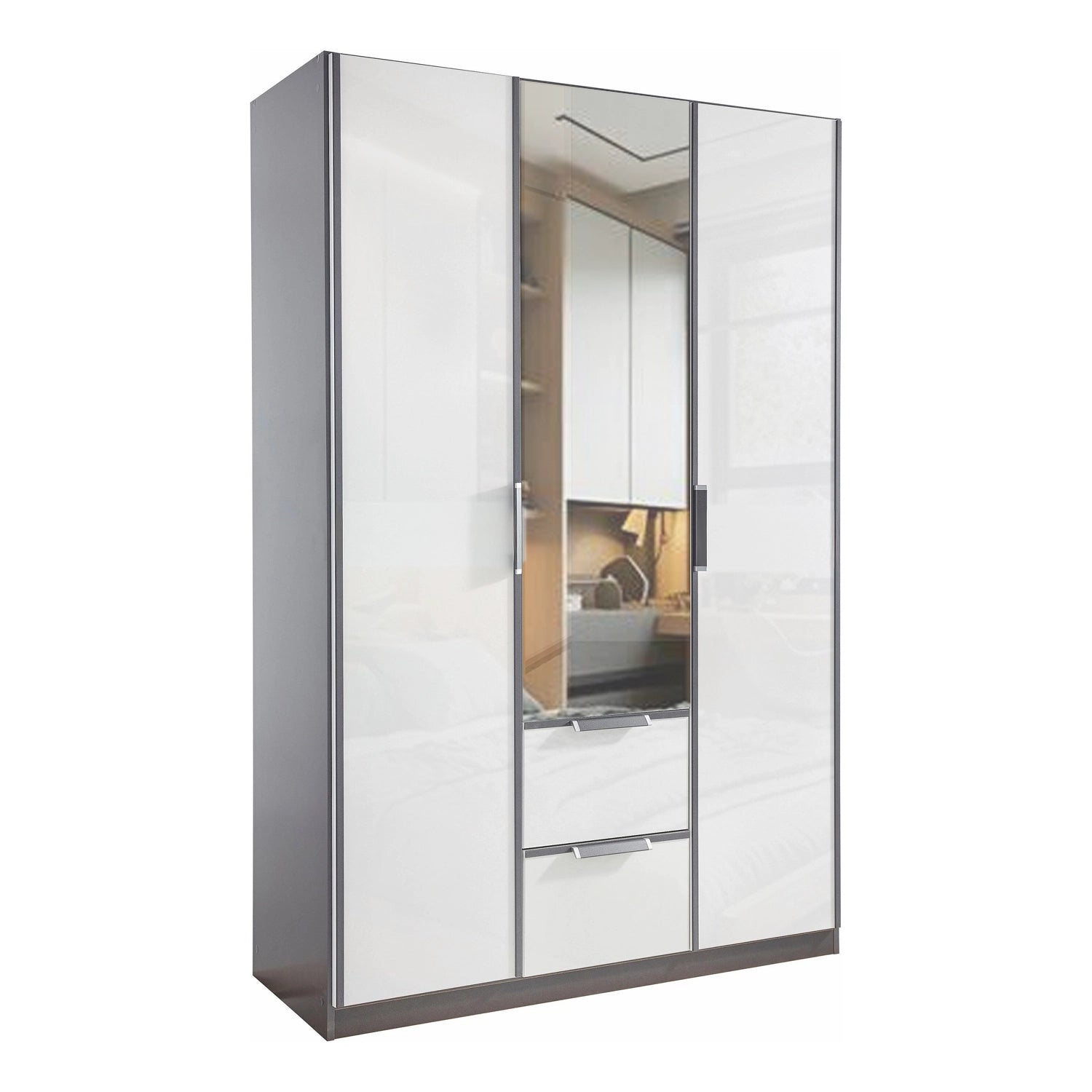 Rauch Essensa Front Glass overlay with vertical trims 6 Doors, 2 Mirrored Doors & 2 Drawers 271 cm in Metallic Grey