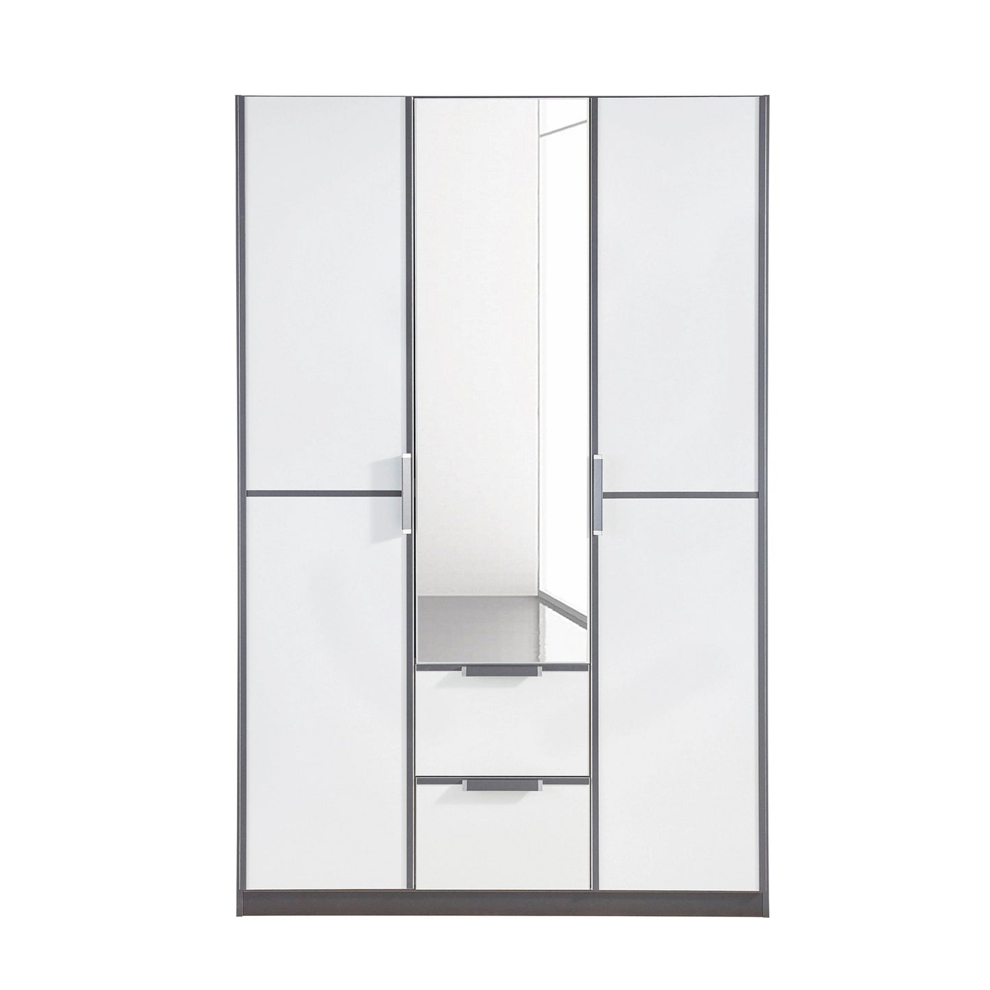 Front view of Essensa vertical and horizontal trims 3 Doors, 1 Mirrored Door & 2 Drawers in Metallic Grey