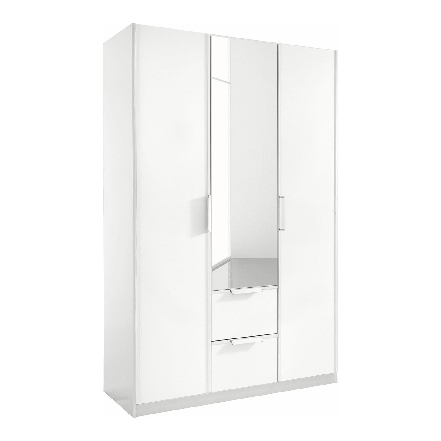 Side view of Rauch Essensa Front colour with vertical trims 3 Doors, 1 Mirrored Door & 2 Drawers 136 cm in White