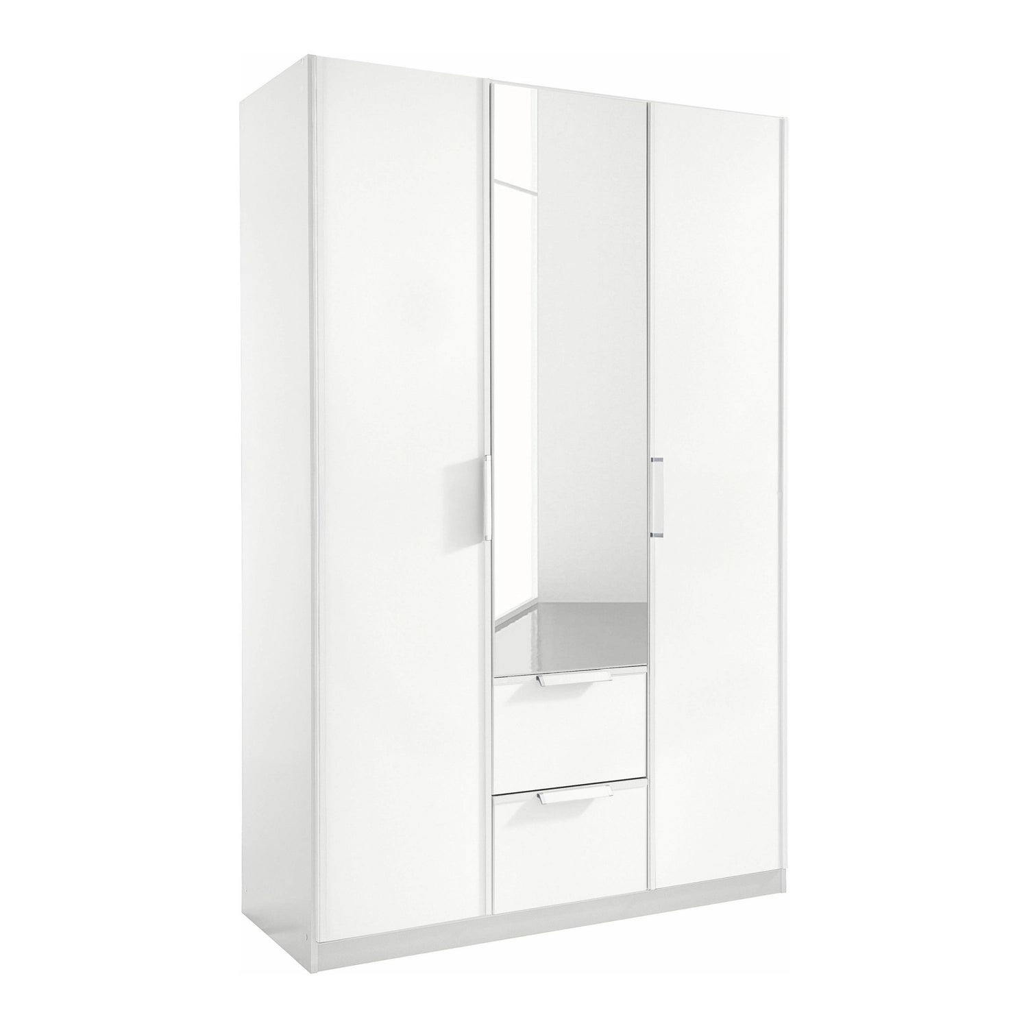 Side view of Rauch Essensa Front colour with vertical trims 3 Doors, 1 Mirrored Door & 2 Drawers 136 cm in White