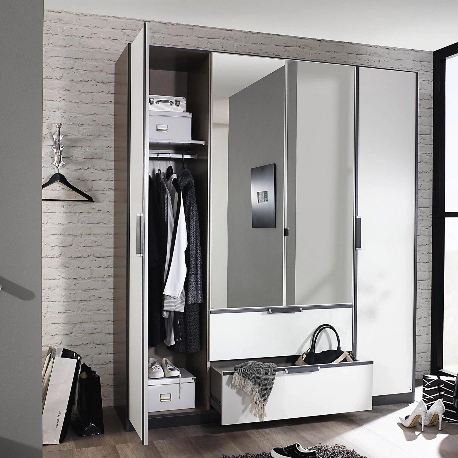 Rauch Essensa Front colour with vertical trims 4 Doors, 2 Mirrored Door & 2 Drawers - Styled in a Bedroom