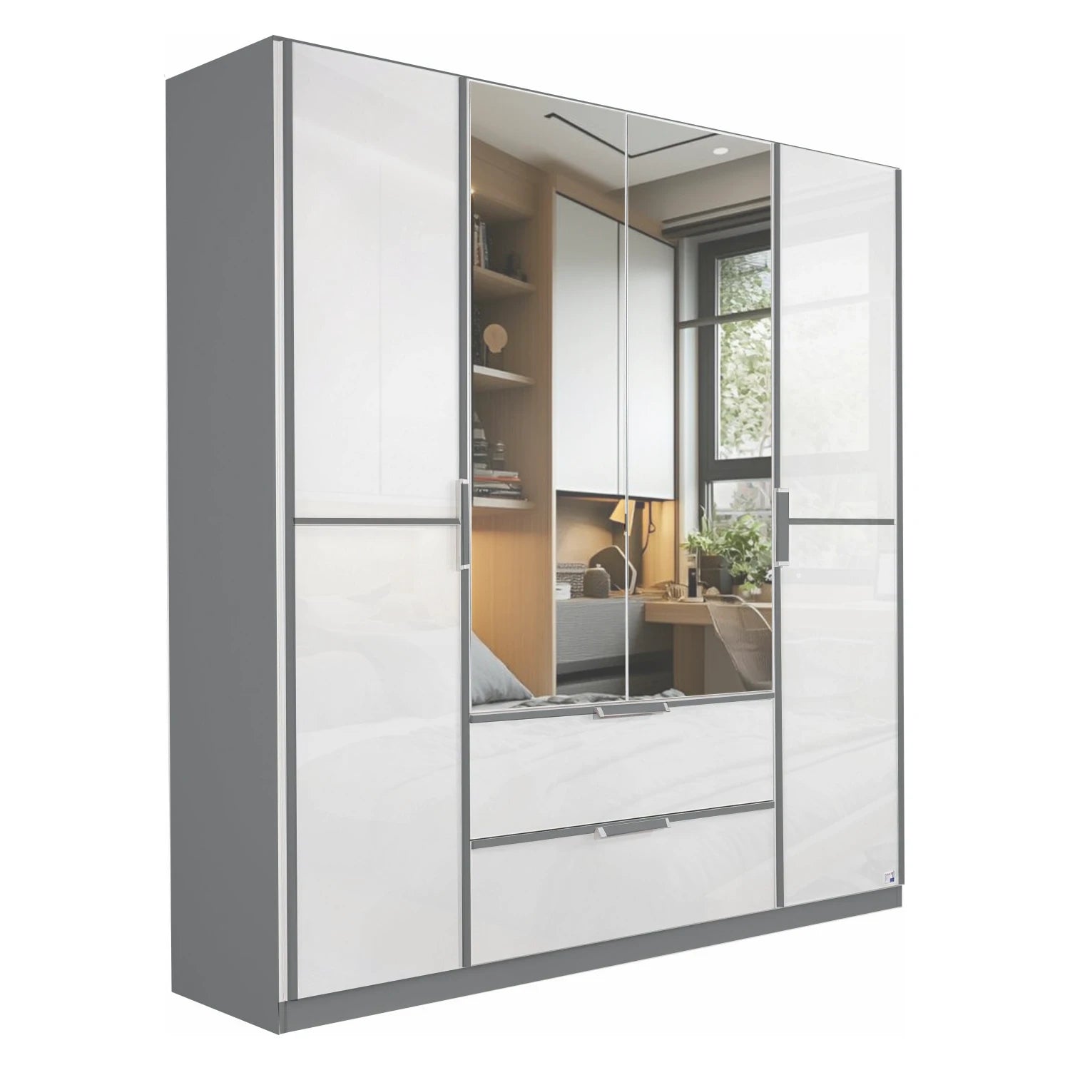 Rauch Essensa Front Glass overlay with vertical and horizontal trims 4 Doors, 2 Mirrored Door & 2 Drawers in Metallic Grey