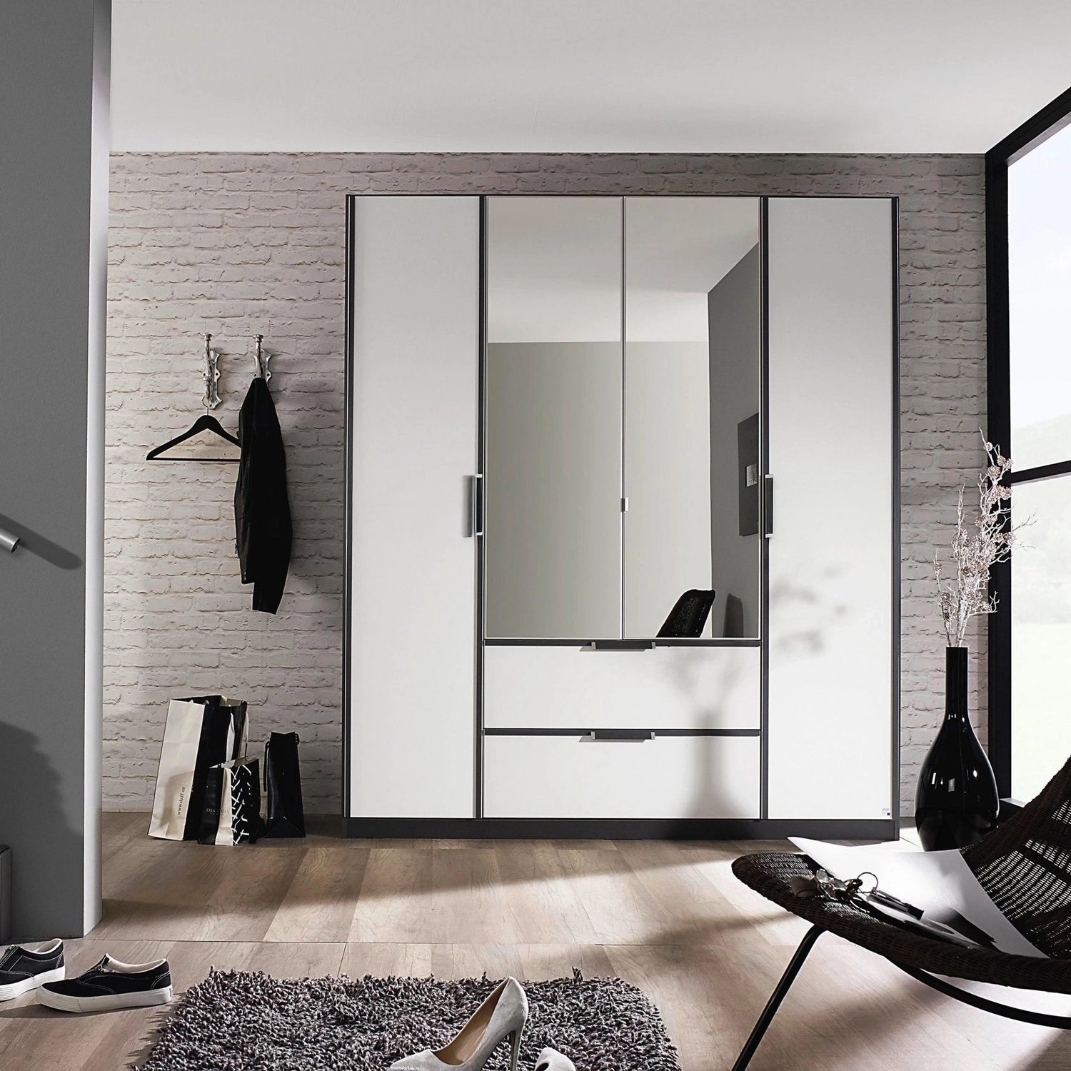 Rauch Essensa Front colour with vertical trims 4 Doors, 2 Mirrored Door & 2 Drawers in Metallic Grey