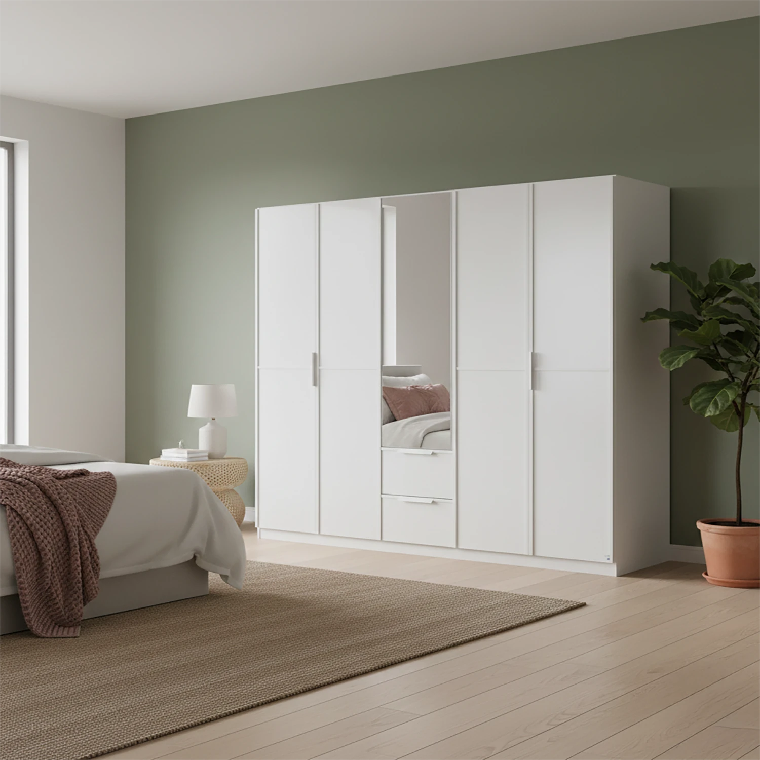 Rauch Essence Front colour with vertical trims 5 Doors, 1 Mirrored Door & 2 Drawers - Styled in a Bedroom