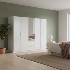 Rauch Essence Front colour with vertical trims 5 Doors, 1 Mirrored Door & 2 Drawers - Styled in a Bedroom