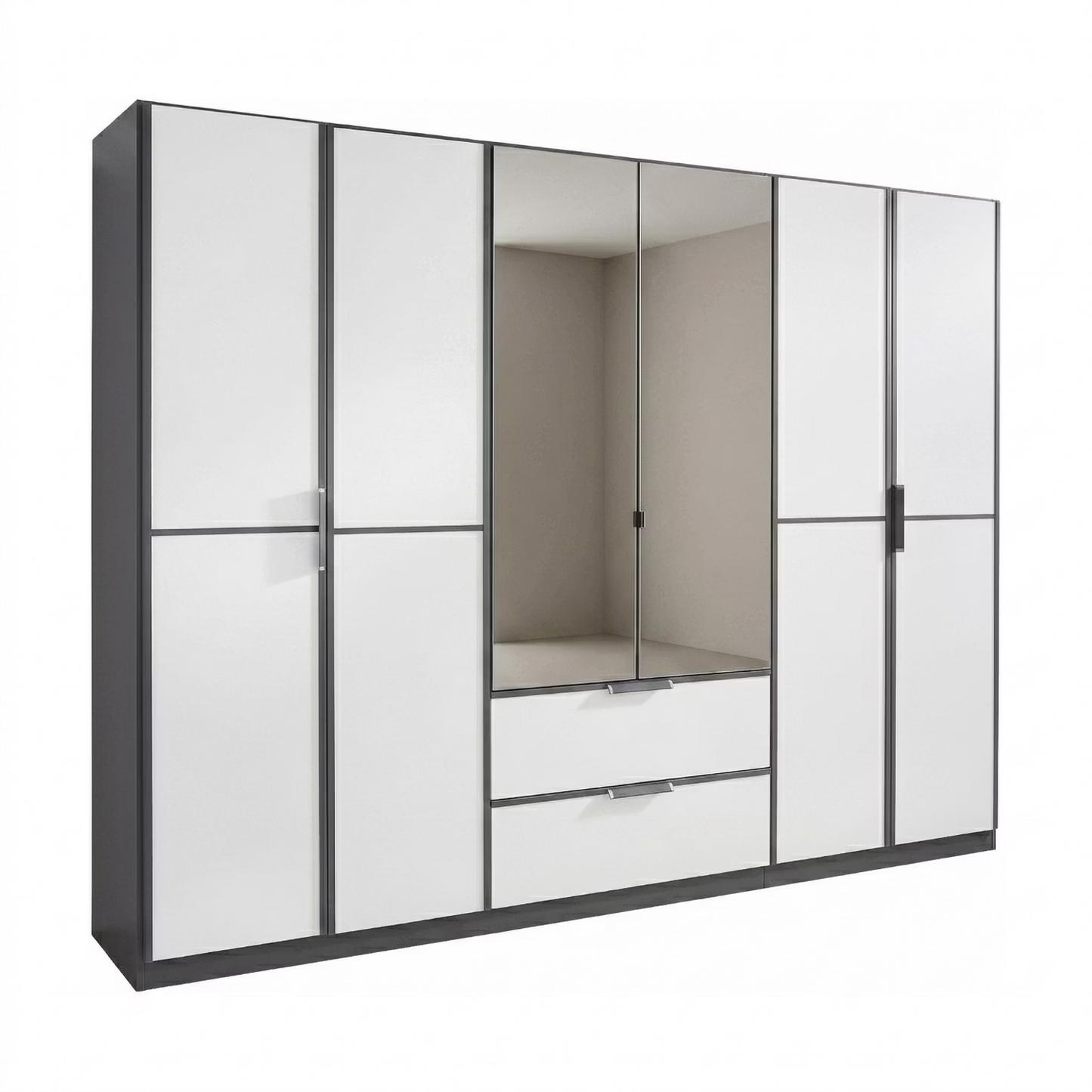 A modern Rauch Essensa  six-door wardrobe with a white glossy finish and dark gray frames, featuring two central mirrored doors showing an empty closet space, two lower drawers with silver handles, and two side doors with dark handles, set against a plain white background.