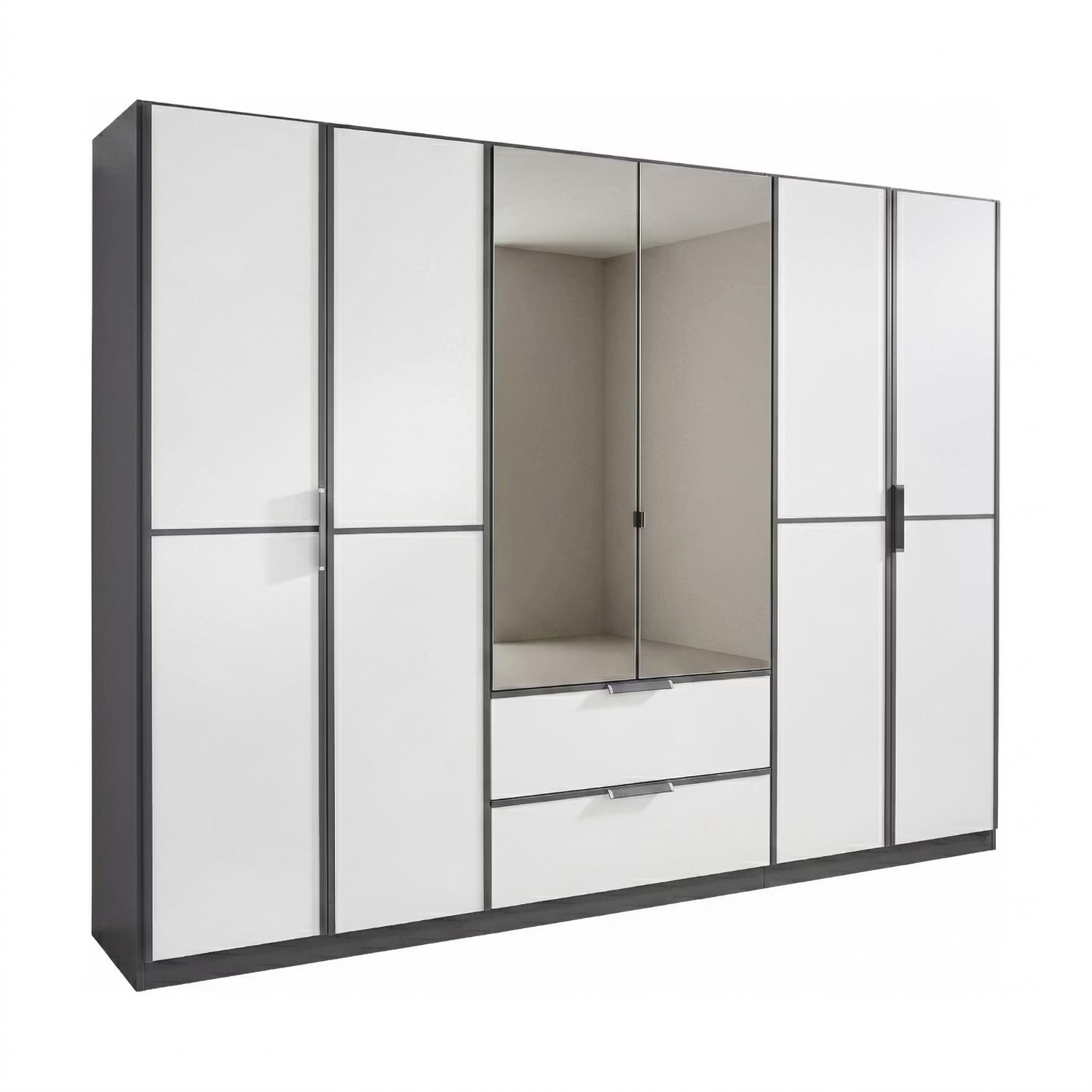 A modern Rauch Essensa  six-door wardrobe with a white glossy finish and dark gray frames, featuring two central mirrored doors showing an empty closet space, two lower drawers with silver handles, and two side doors with dark handles, set against a plain white background.