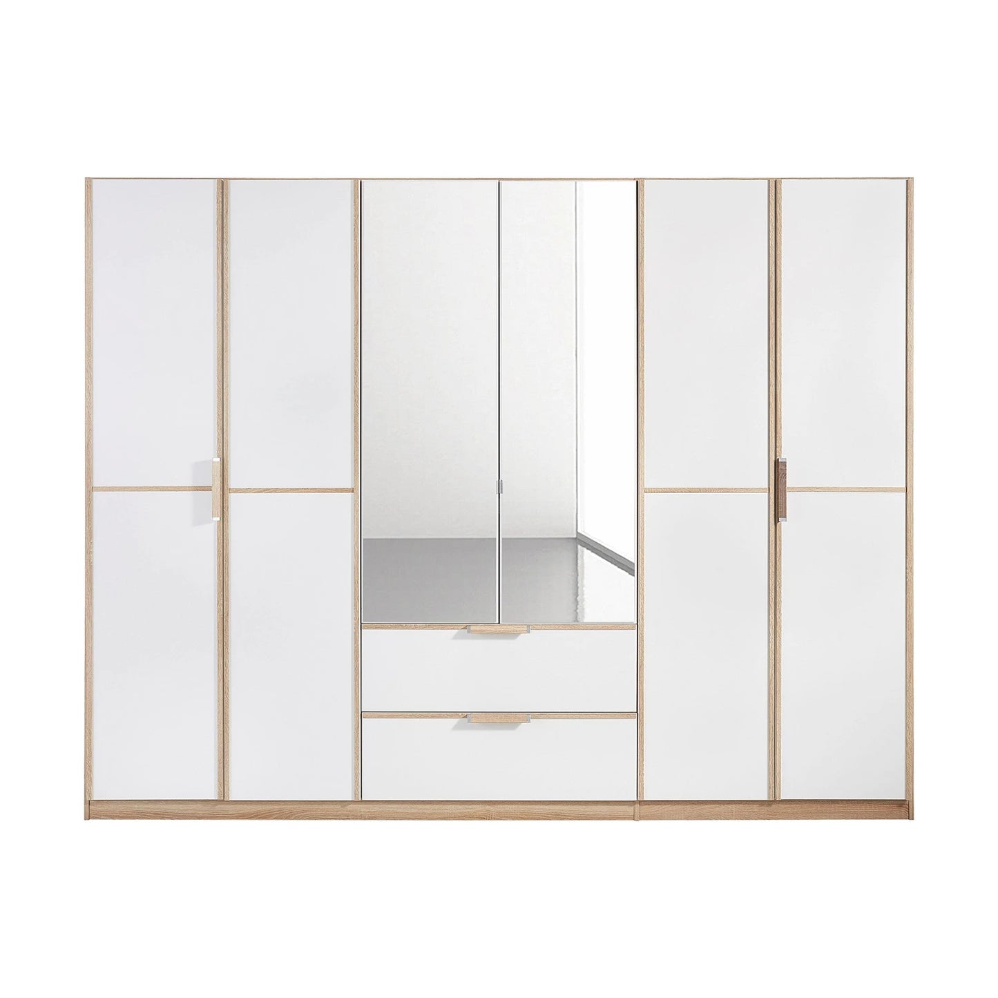 Front view of Rauch Essensa Front colour with vertical and horizontal trims 6 Doors, 2 Mirrored Doors & 2 Drawers in Sonoma Oak