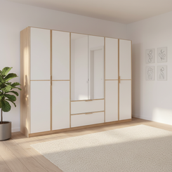 A large modern Rauch Essensa wardrobe with white doors and light wood trim, featuring a central mirror and two drawers, shown in a bright minimalist bedroom with a plant and rug.