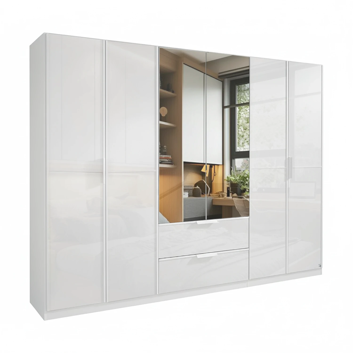 Rauch Essensa Front Glass overlay with vertical trims 6 Doors, 2 Mirrored Doors & 2 Drawers in White