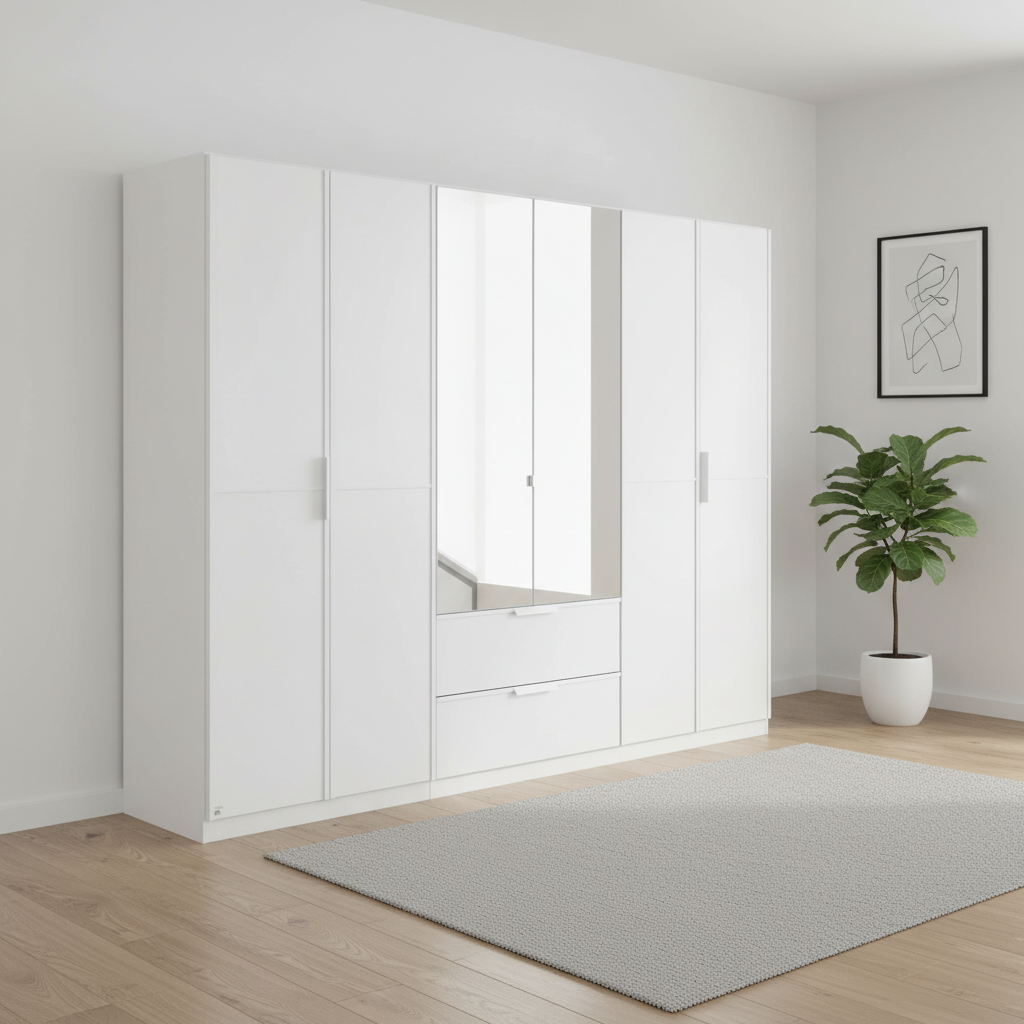 A modern white Rauch Essesna wardrobe with three doors, two drawers, and a central mirror panel, shown in a minimalist room with light wood floors, a gray rug, and a potted plant.