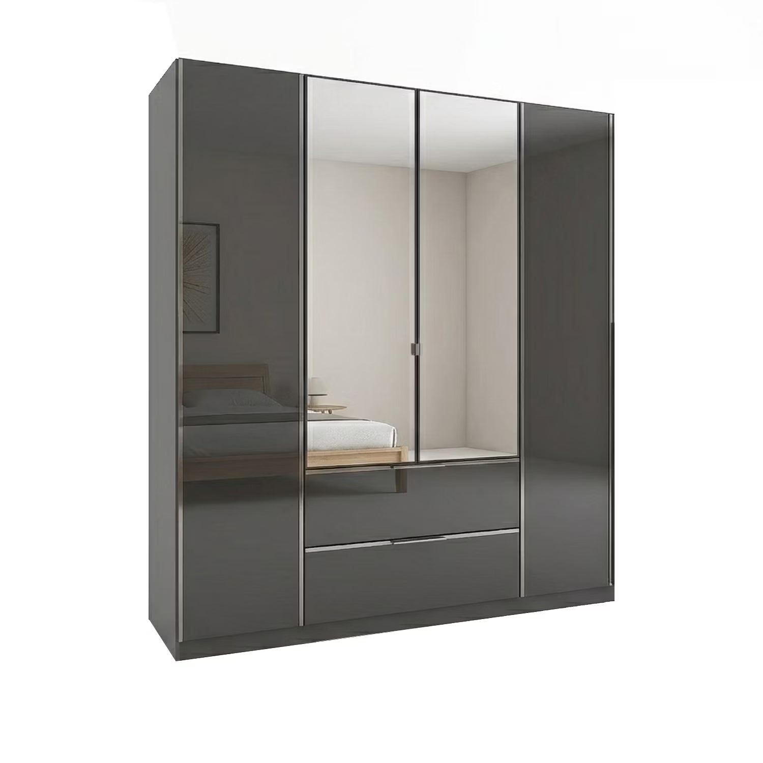 A modern Rauch Essensa Prime four-door wardrobe with two mirrored doors and two solid Basalt glass doors, featuring a lower drawer compartment with a horizontal handle.