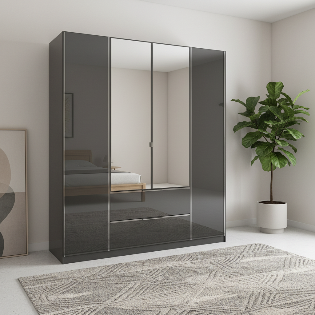 Rauch Essena 4 Door Hinged Wardrobe in Basalt Glass with Mirror and 2 Drawers in the Middle