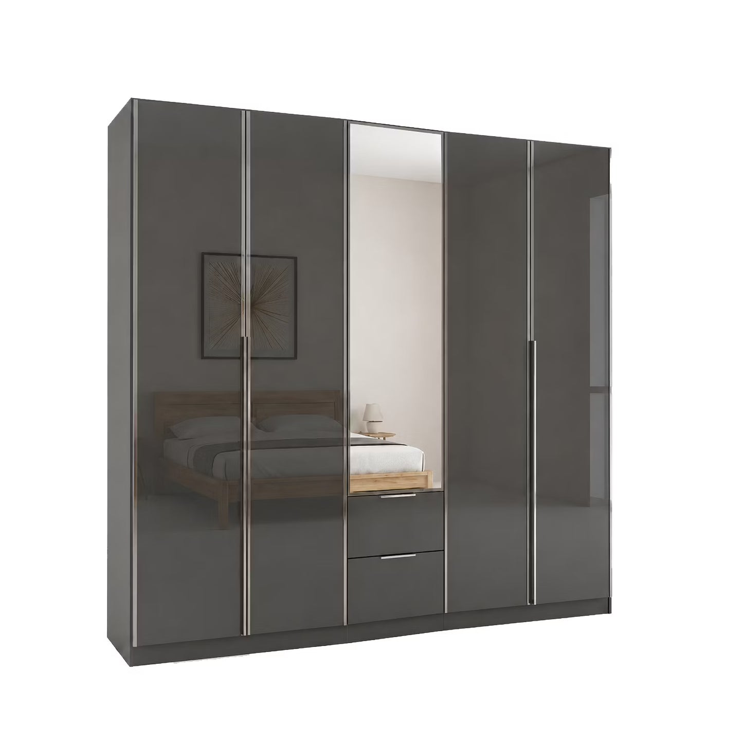 A modern Rauch Essensa Prme five -door wardrobe with Basalt Glass doors and one central mirrored door with two drawers underneath, shown on a plain white background.