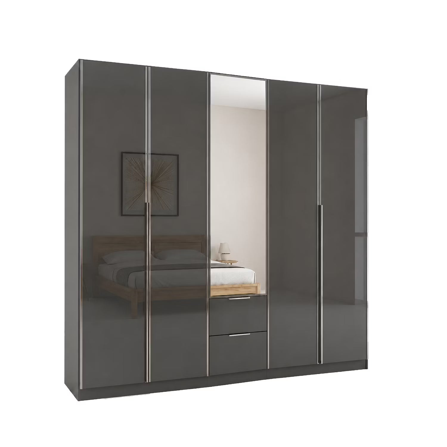 A modern Rauch Essensa Prme five -door wardrobe with Basalt Glass doors and one central mirrored door with two drawers underneath, shown on a plain white background.