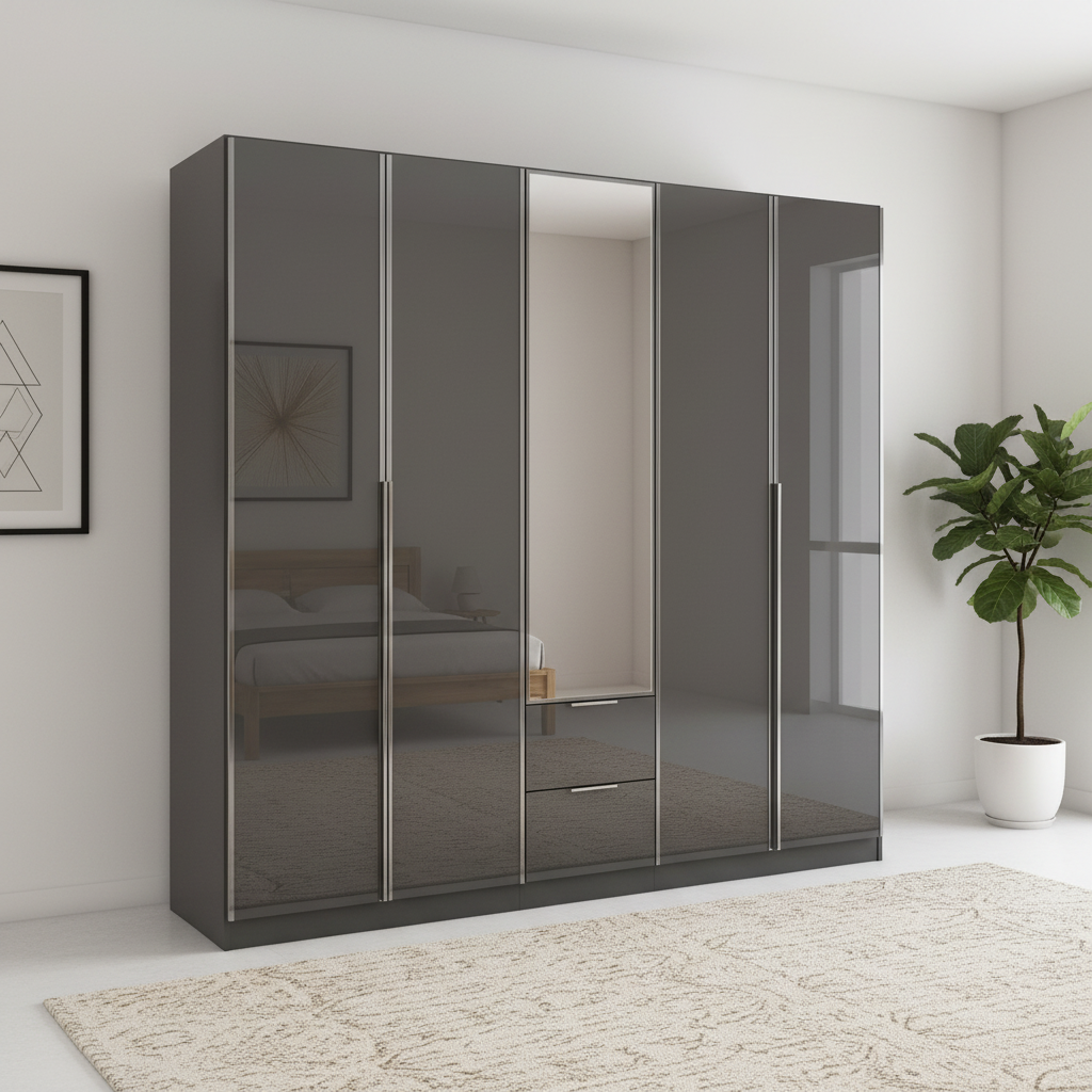 Rauch Essena 5 Door Hinged Wardrobe in Basalt Glass with Mirror and 2 Drawers in the Middle