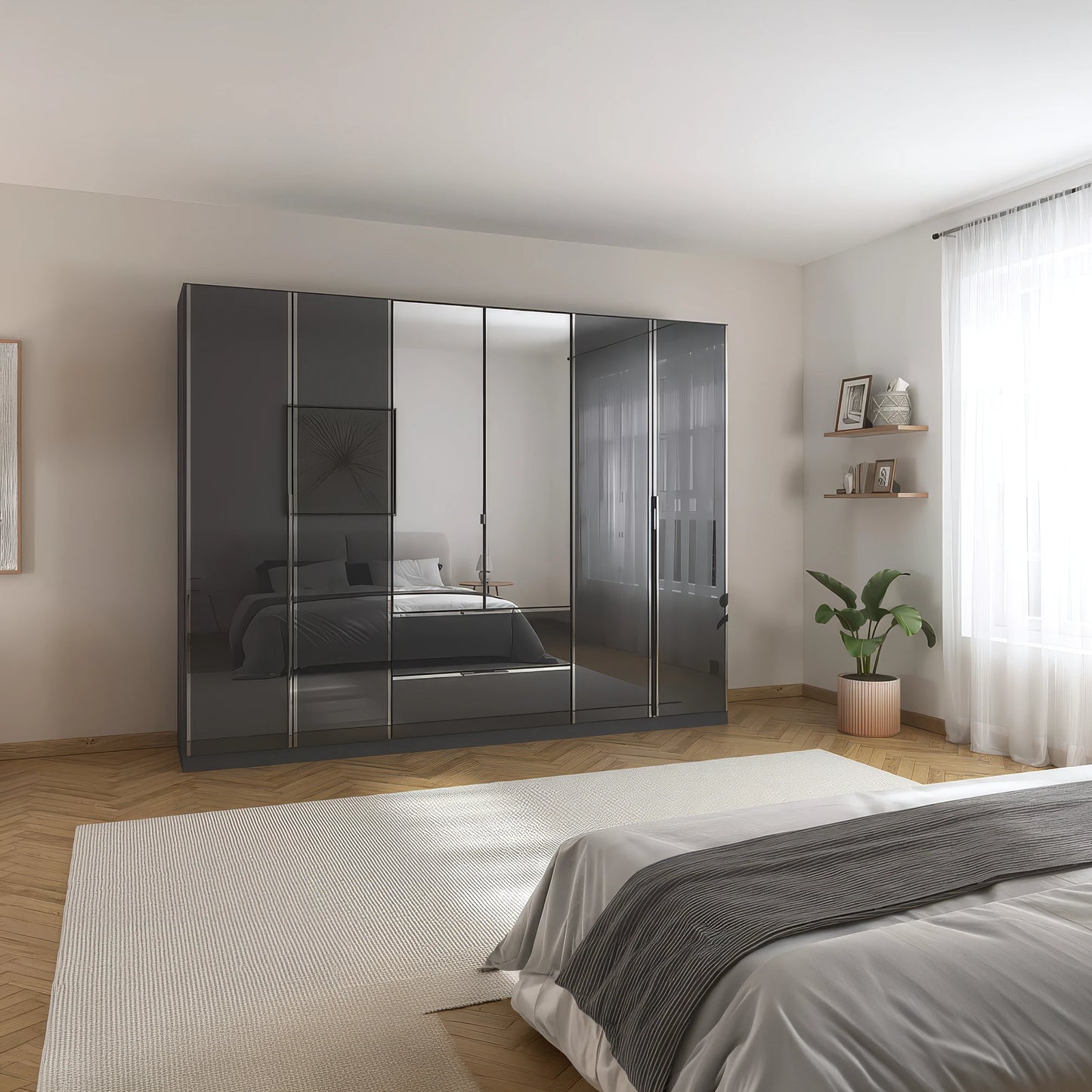 Rauch Essena six Door Hinged Wardrobe in Basalt Glass with Mirror and 2 Drawers in the Middle