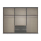 A modern open wardrobe or closet organizer with three sliding doors in a dark charcoal gray finish, featuring light taupe-gray interior panels, two horizontal shelves, a central drawer unit with two drawers, and silver metal hanging bars.