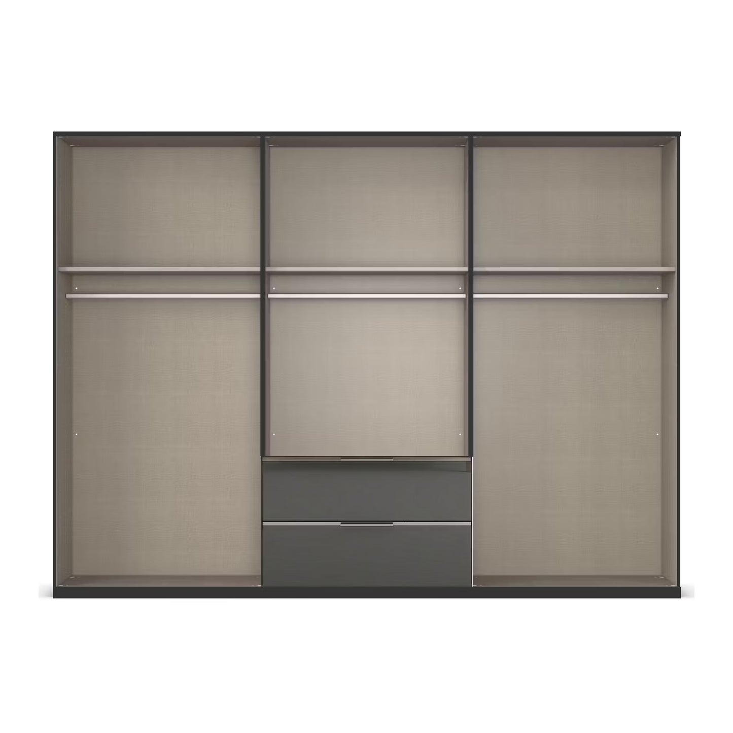 A modern open wardrobe or closet organizer with three sliding doors in a dark charcoal gray finish, featuring light taupe-gray interior panels, two horizontal shelves, a central drawer unit with two drawers, and silver metal hanging bars.