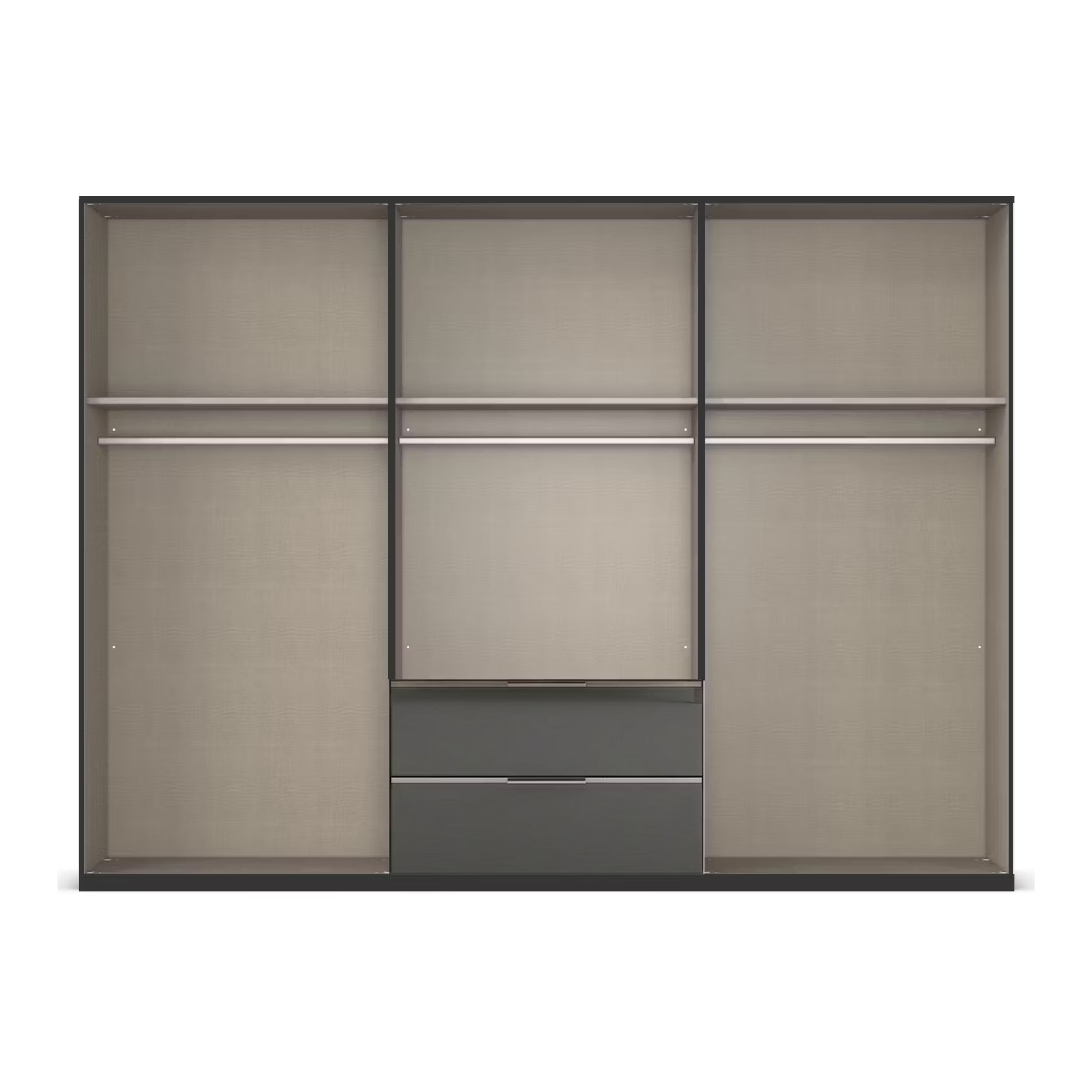 A modern open wardrobe or closet organizer with three sliding doors in a dark charcoal gray finish, featuring light taupe-gray interior panels, two horizontal shelves, a central drawer unit with two drawers, and silver metal hanging bars.