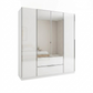 A modern white glass front Rauch Essensa wardrobe with Middle mirrored doors and two drawers, shown on a plain white background.
