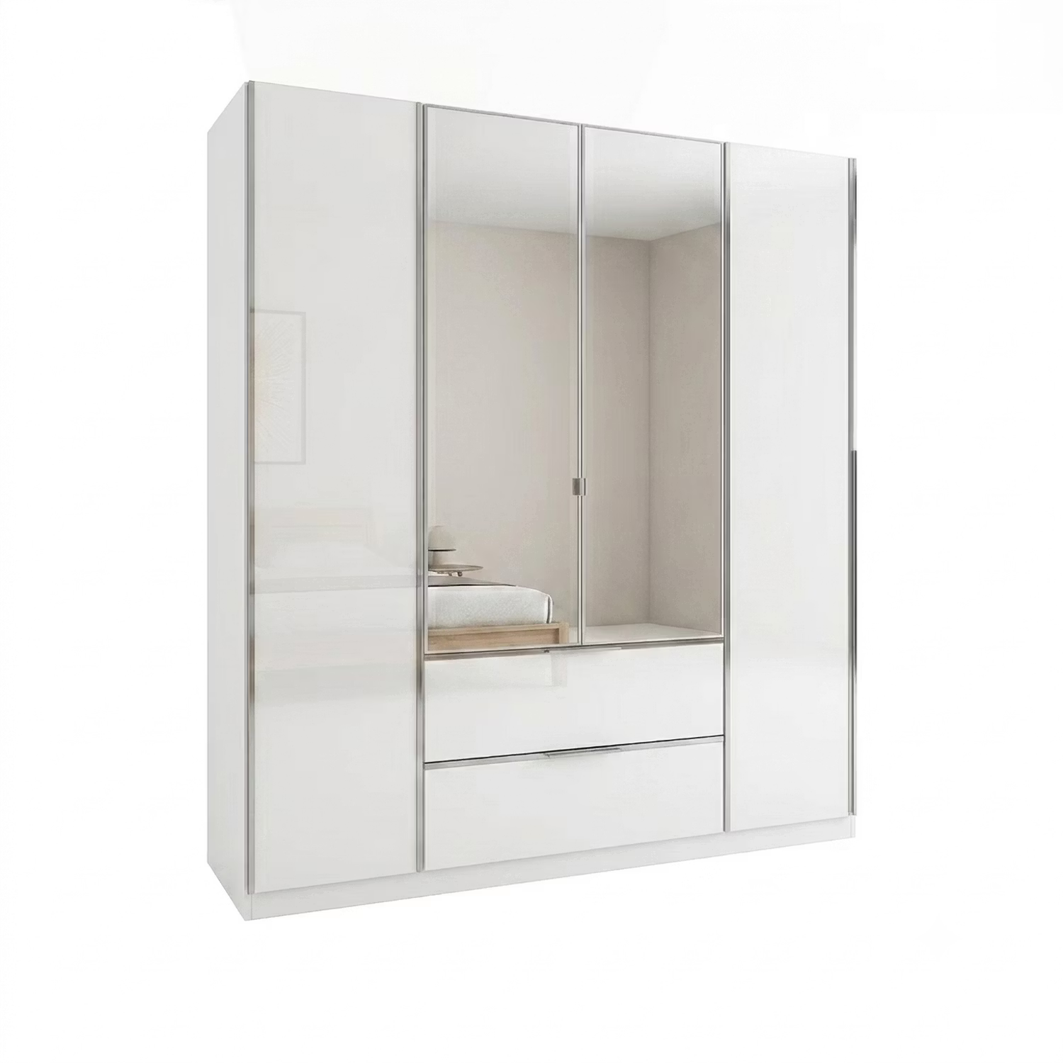 A modern white glass front Rauch Essensa wardrobe with Middle mirrored doors and two drawers, shown on a plain white background.
