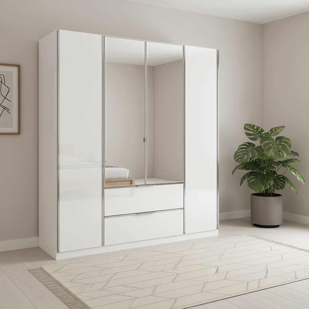 Rauch Essena four Door Hinged Wardrobe in White Glass with Mirror front and 2 Drawers in the Middle