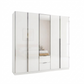 A modern white high-gloss Glass Front Rauch Essensa 5 Door wardrobe with mirrored Middle door and a central drawer section, shown on a plain white background.