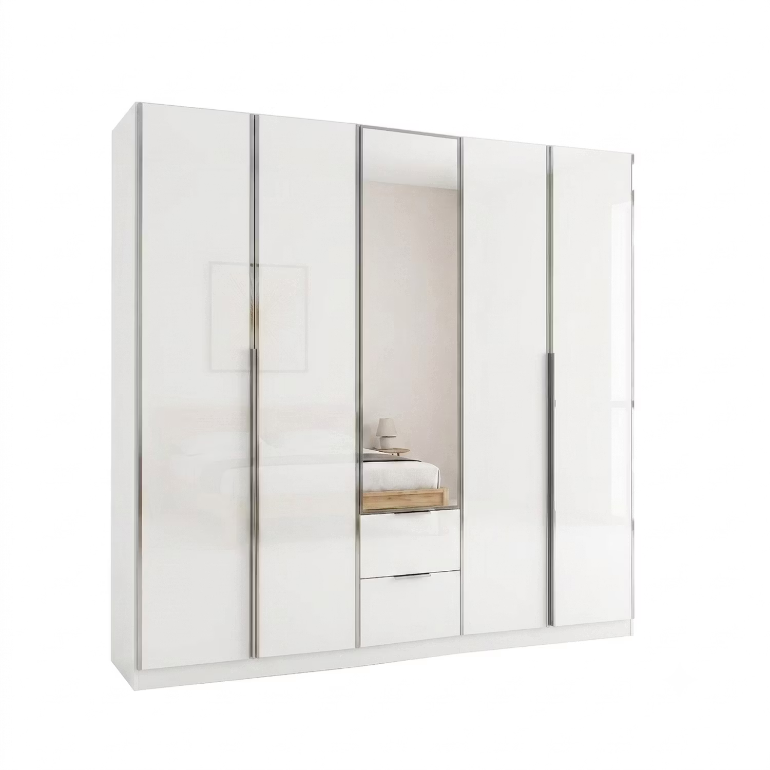 A modern white high-gloss Glass Front Rauch Essensa 5 Door wardrobe with mirrored Middle door and a central drawer section, shown on a plain white background.