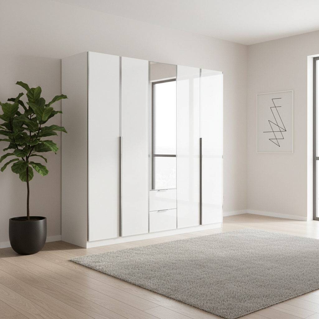 Rauch Essena five Door Hinged Wardrobe in White Glass with Mirror front and 2 Drawers in the Middle