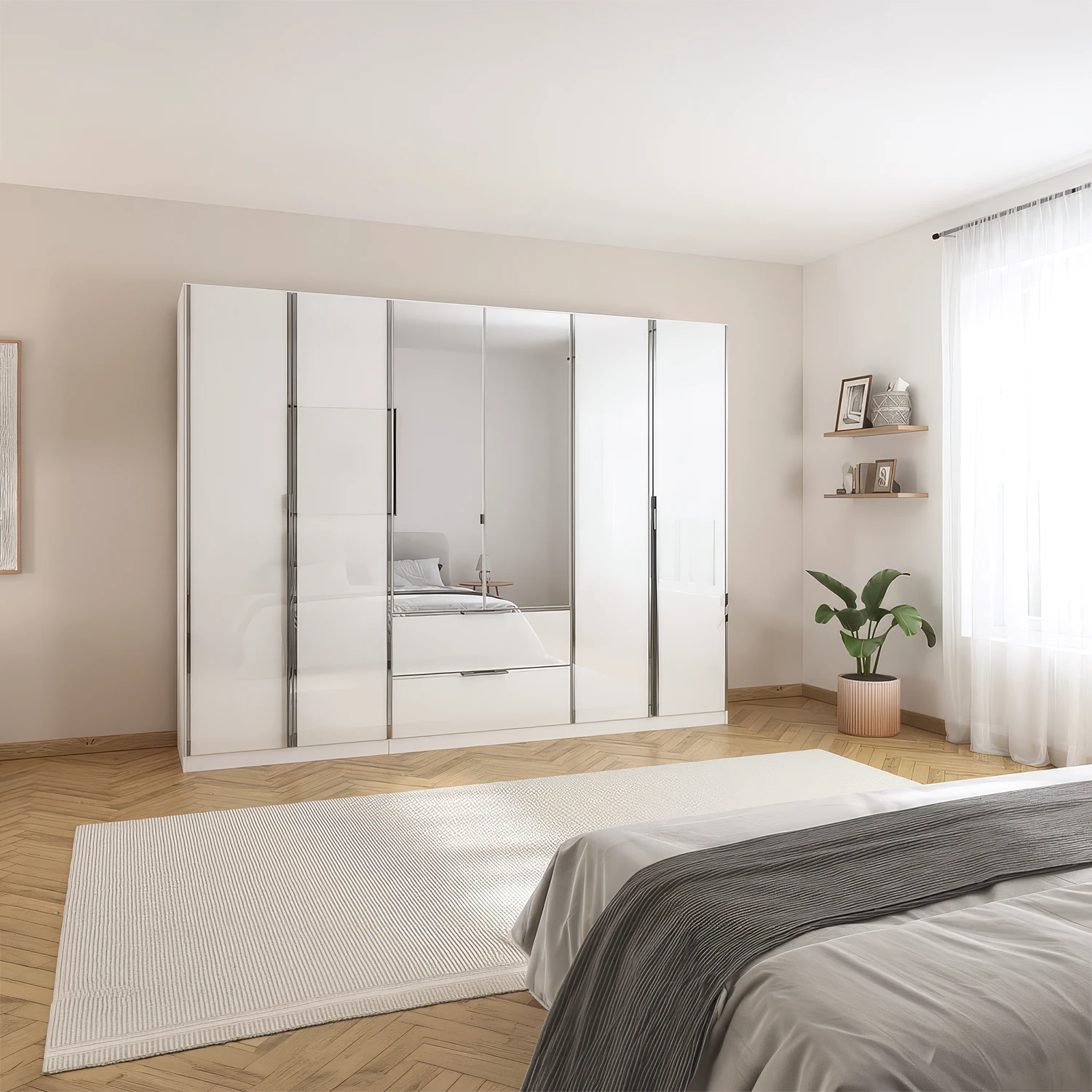 Rauch Essena six Door Hinged Wardrobe in White Glass with Mirror front and 2 Drawers in the Middle